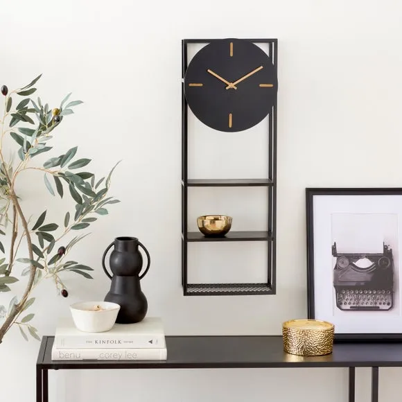 Rectangular Wall Clock with Shelf - Black