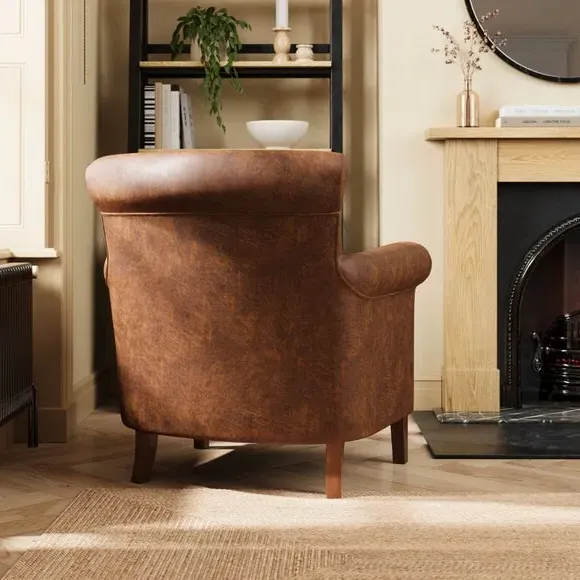 Relaxed Armchair with Roll Arms - Tan, Faux Leather