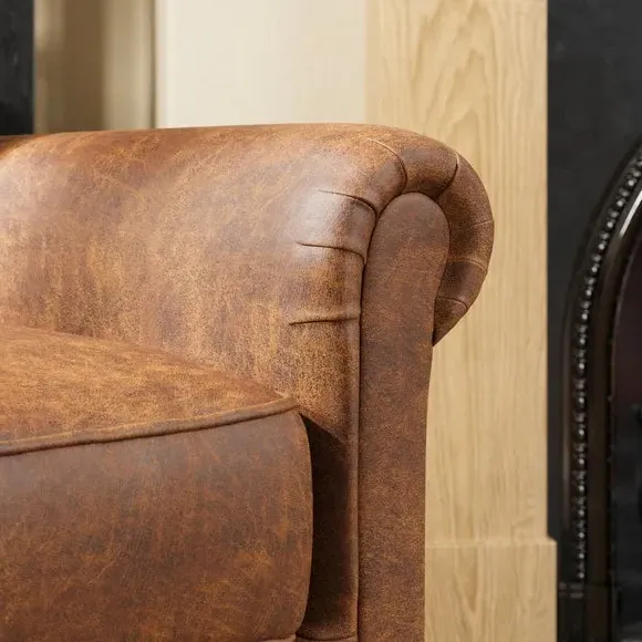 Relaxed Armchair with Roll Arms - Tan, Faux Leather