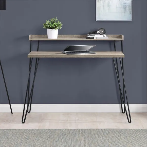 Retro Desk with Raised Shelf - Grey Oak