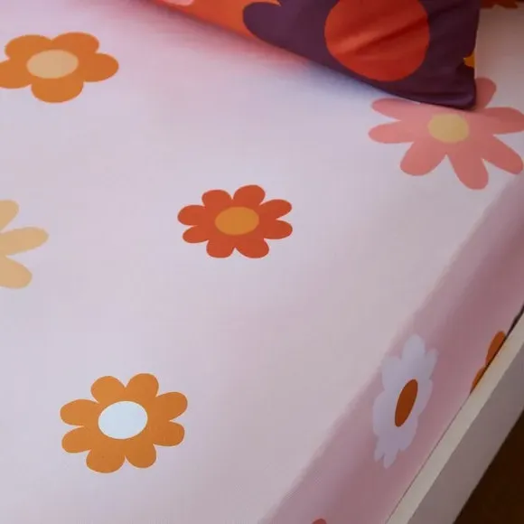 Retro Floral Fitted Sheet - Orange, Polycotton image