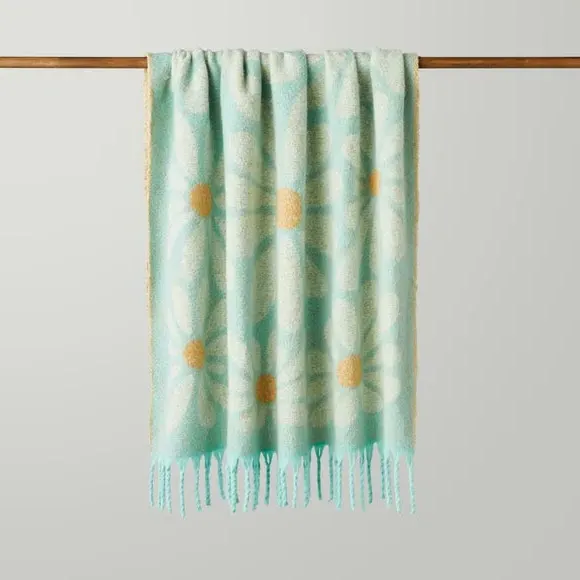 Retro Flower Throw Blanket - Blue, Mohair