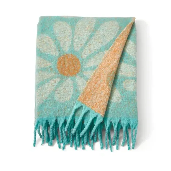 Retro Flower Throw Blanket - Blue, Mohair
