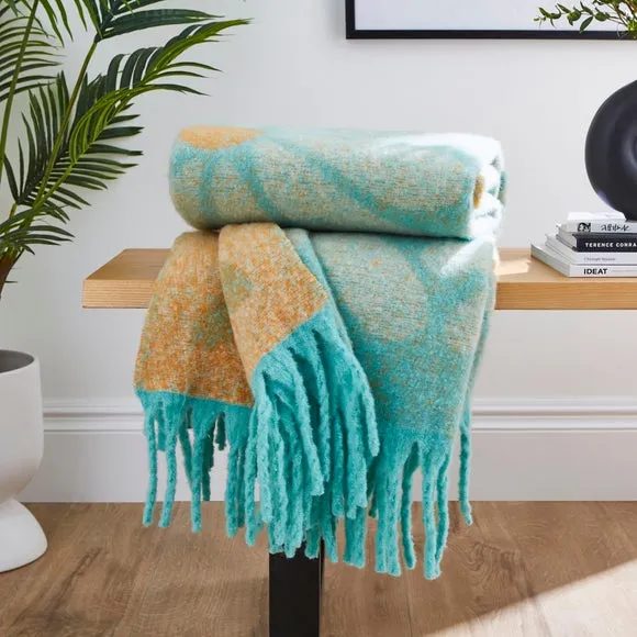 Retro Flower Throw Blanket - Blue, Mohair