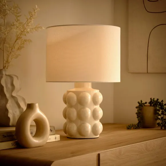 Retro Table Lamp with Bobble Detail - White, Ceramic