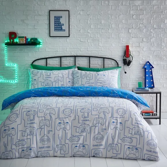 Reversible Duvet Cover Set - Blue, Polycotton