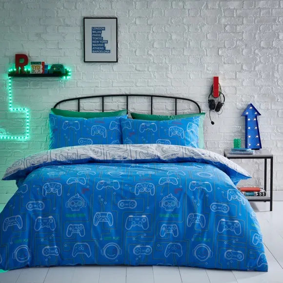 Reversible Duvet Cover Set - Blue, Polycotton