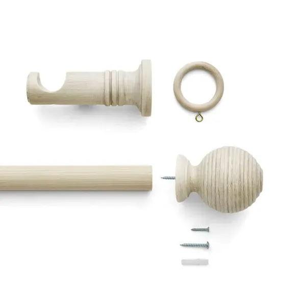 Ribbed Ball Curtain Pole - Grey Oak, Wood