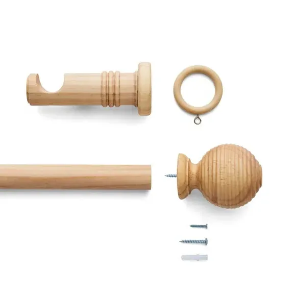 Ribbed Ball Curtain Pole - Light Oak, Wood