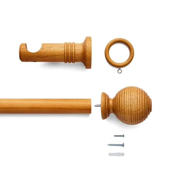 Ribbed Ball Curtain Pole - Waxed Oak, Wood