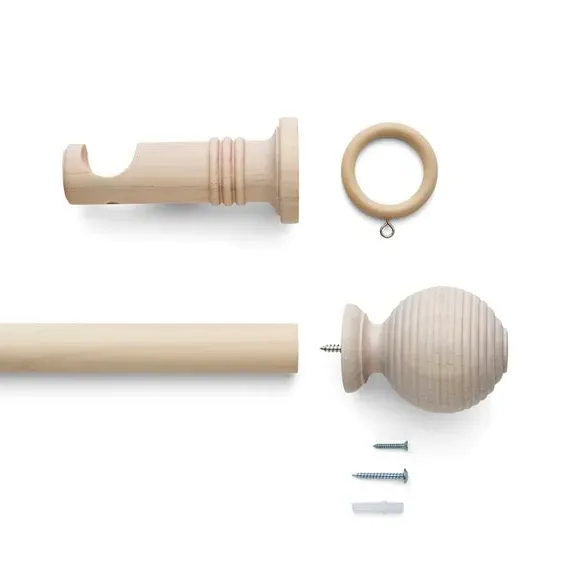Ribbed Ball Curtain Pole - Whitewash, Wood