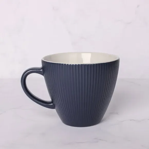 Ribbed Coffee Mug with Handle - Navy, Stoneware