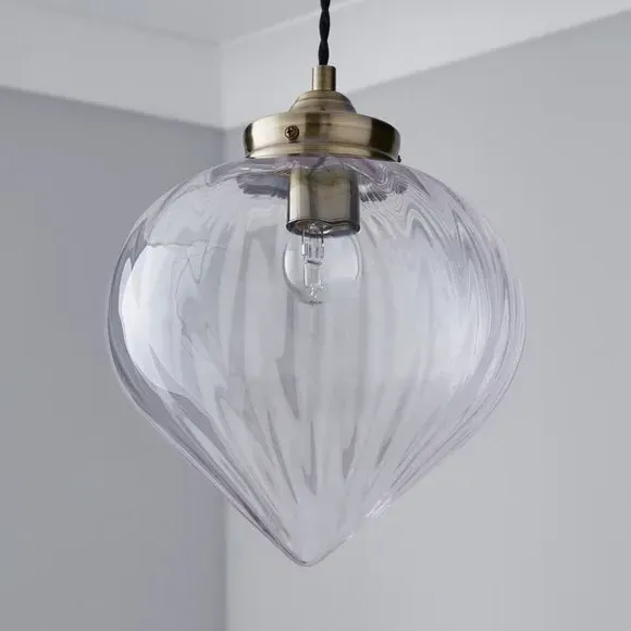 Ribbed Glass Pendant Light - Antique Brass