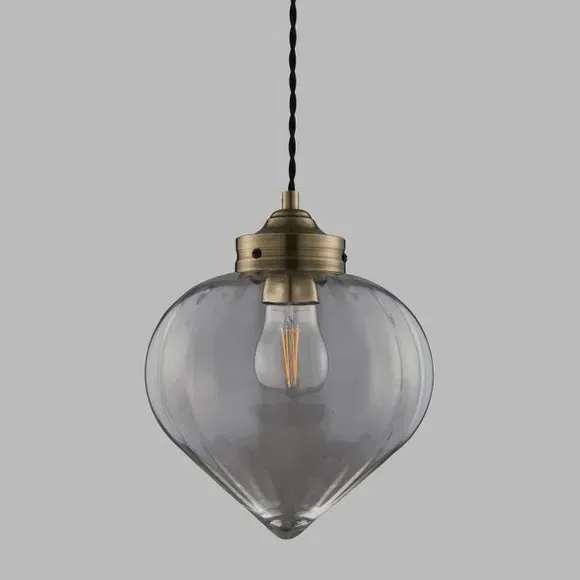 Ribbed Glass Pendant Light - Antique Brass