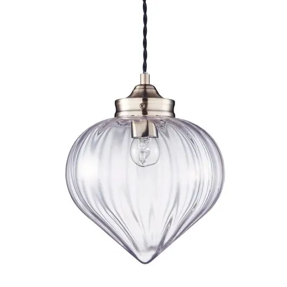 Ribbed Glass Pendant Light - Antique Brass