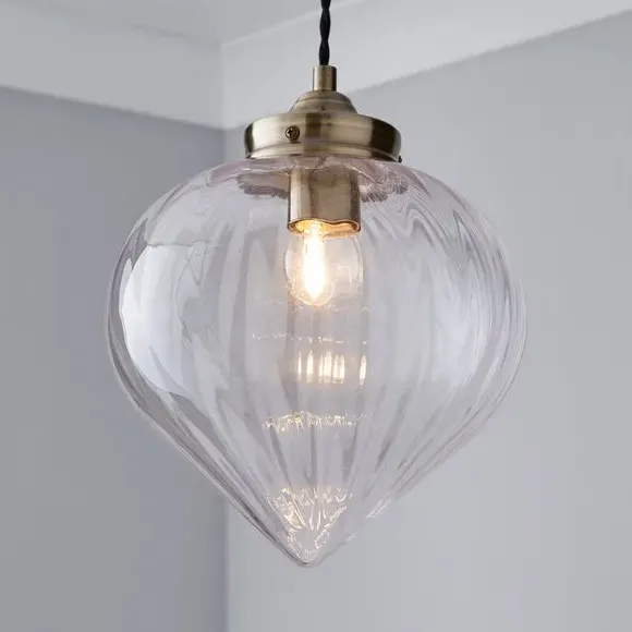 Ribbed Glass Pendant Light - Antique Brass image