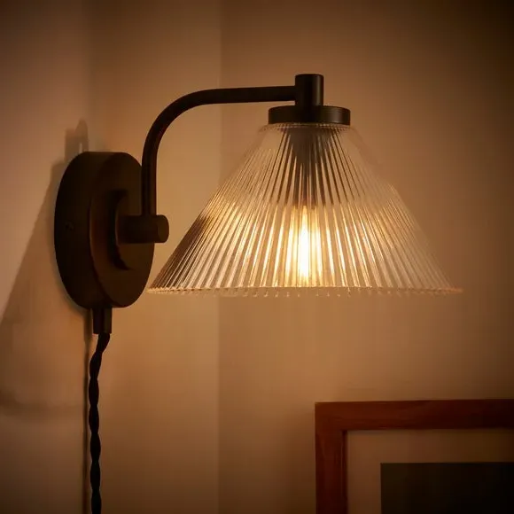 Ribbed Glass Plug-In Wall Light - Black