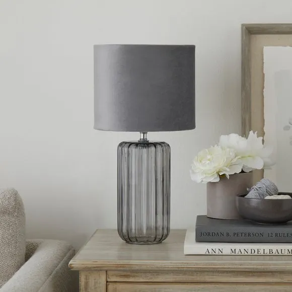 Ribbed Glass Table Lamp - Smoke, Velvet Shade