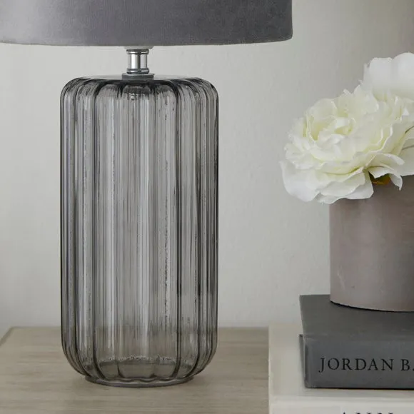 Ribbed Glass Table Lamp - Smoke, Velvet Shade