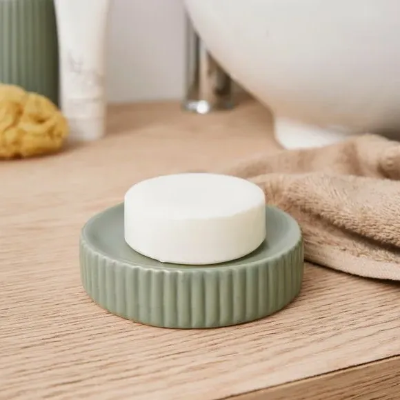 Ribbed Soap Dish - Green, Ceramic
