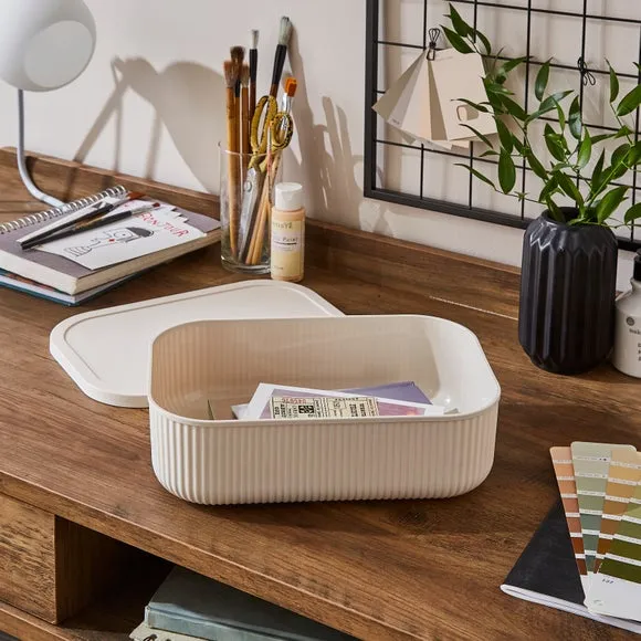 Ribbed Storage Box with Lid - Ivory