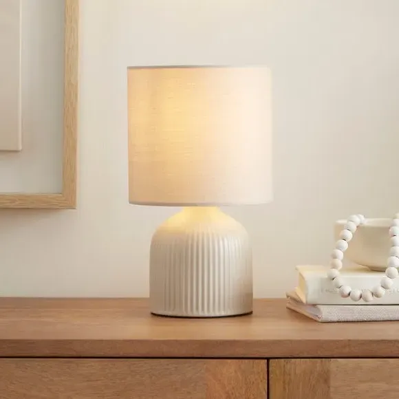 Ribbed Table Lamp with Fabric Shade - Grey, Ceramic
