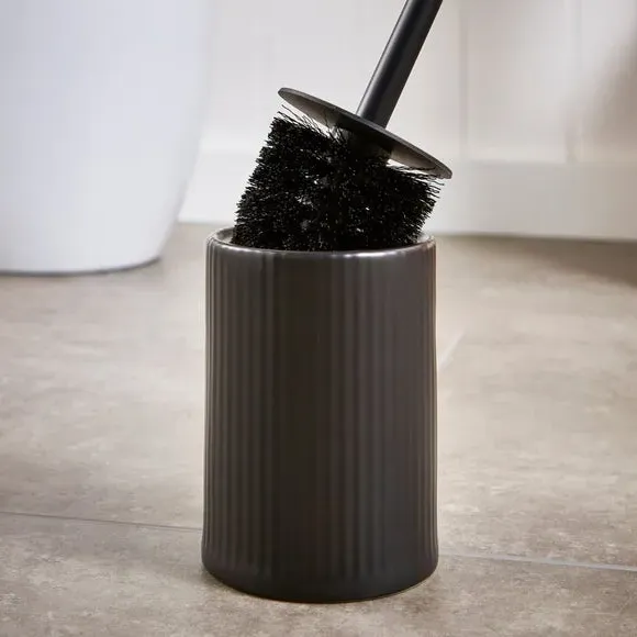 Ribbed Toilet Brush with Holder - Black, Ceramic