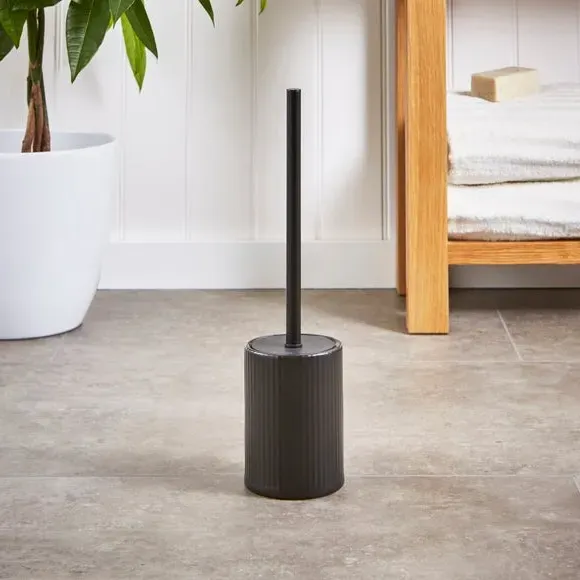 Ribbed Toilet Brush with Holder - Black, Ceramic image