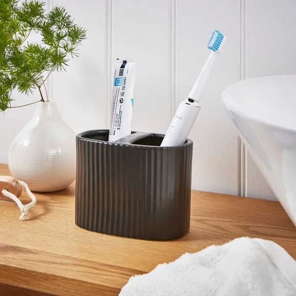 Ribbed Toothbrush Holder - Black, Ceramic image