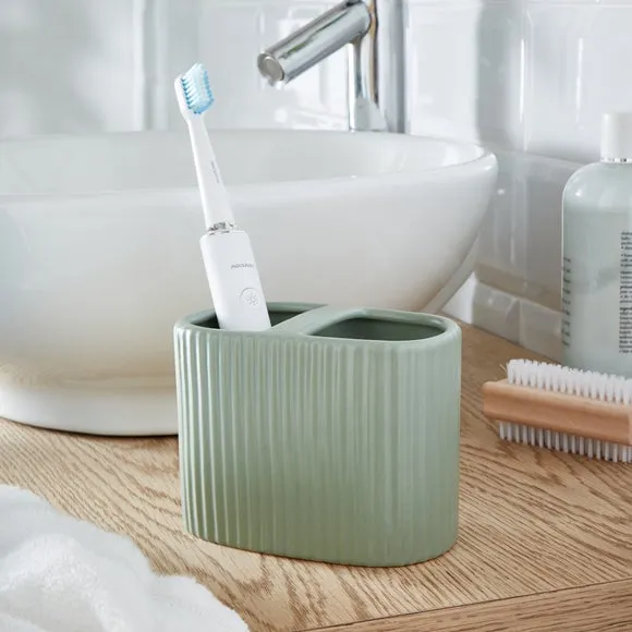 Ribbed Toothbrush Holder - Green, Ceramic