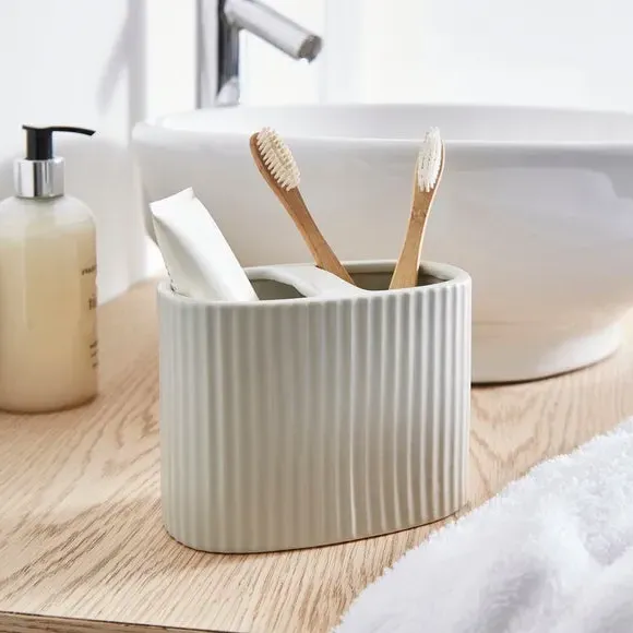 Ribbed Toothbrush Holder - Silver, Ceramic