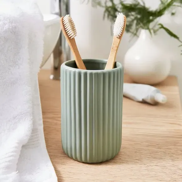 Ribbed Tumbler Holder - Green, Ceramic