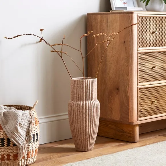Ribbed Vase with Fluted Design - Pebble, Stoneware