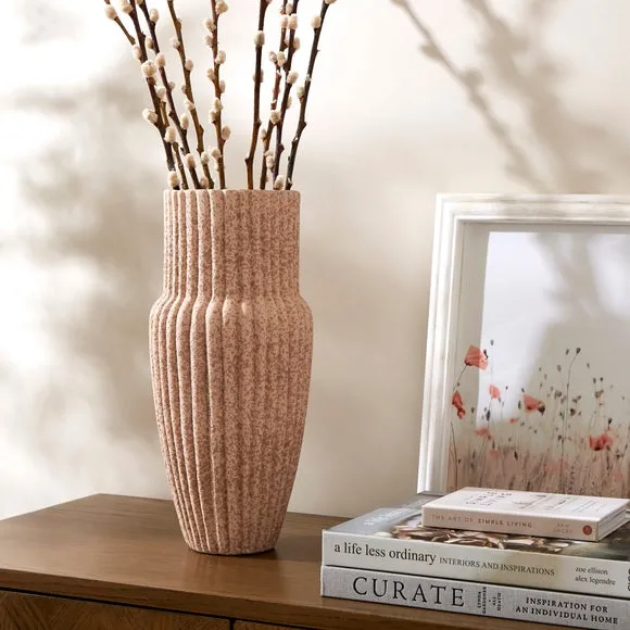 Ribbed Vase with Fluted Design - Pebble, Stoneware