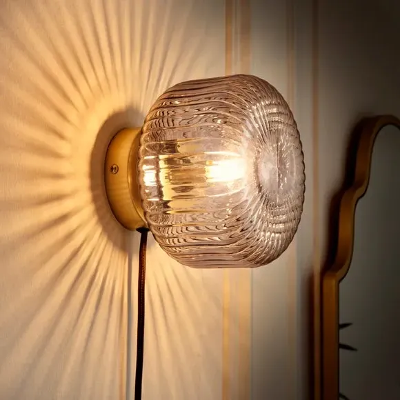 Ribbed Wall Light with Plug - Blue, Glass