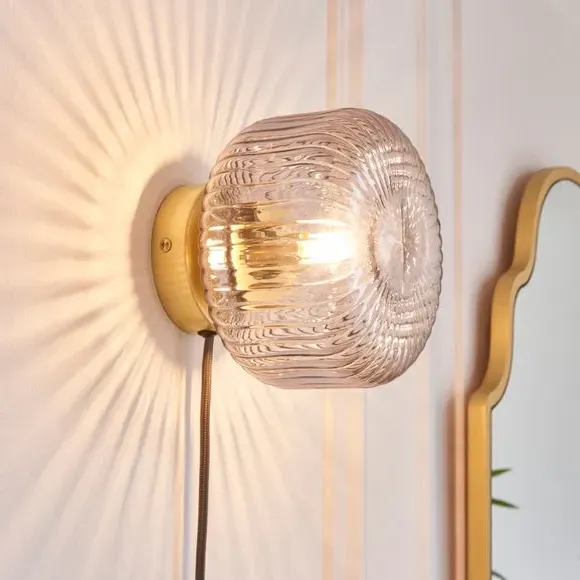Ribbed Wall Light with Plug - Blue, Glass