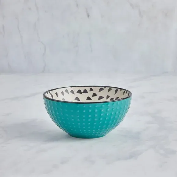 Rice Bowl with Dashed Pattern - Teal, Stoneware