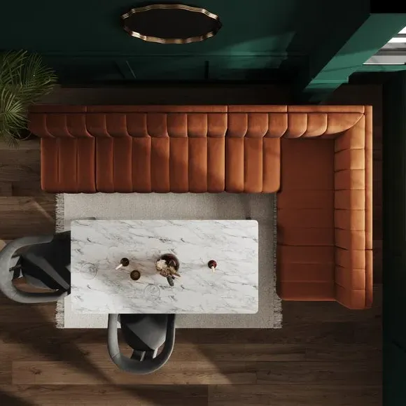 Right Hand Dining Bench - Orange, Velvet