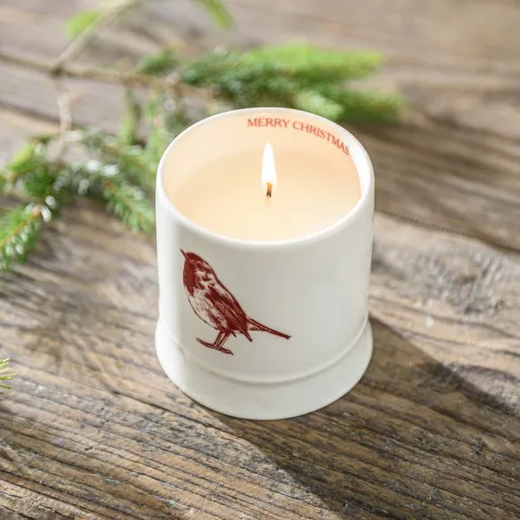 Robin Winter Berries Ceramic Candle - White