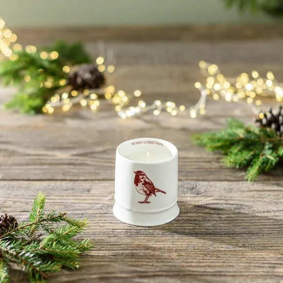 Robin Winter Berries Ceramic Candle - White