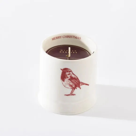 Robin Winter Berries Ceramic Candle - White