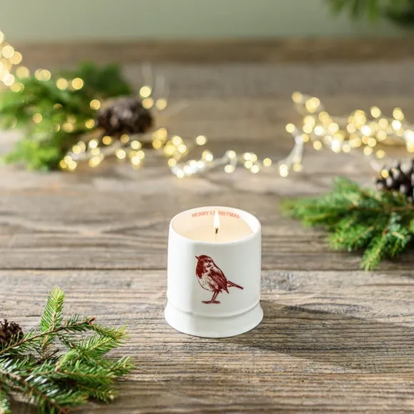 Robin Winter Berries Ceramic Candle - White image