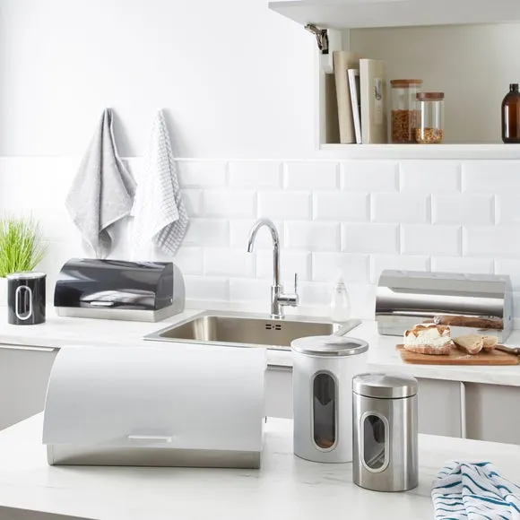 Roll Top Bread Bin - Black, Stainless Steel