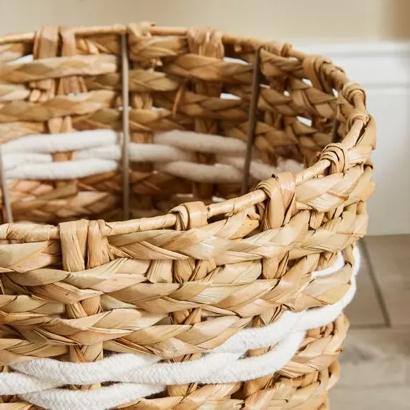 Rope Stripe Waste Bin - White, Natural Rush