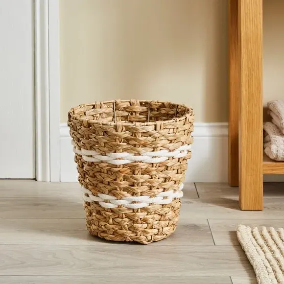 Rope Stripe Waste Bin - White, Natural Rush image