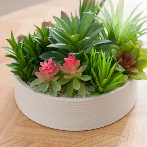 Round Artificial Succulent Plant - Green, Ceramic