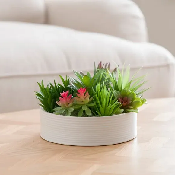 Round Artificial Succulent Plant - Green, Ceramic