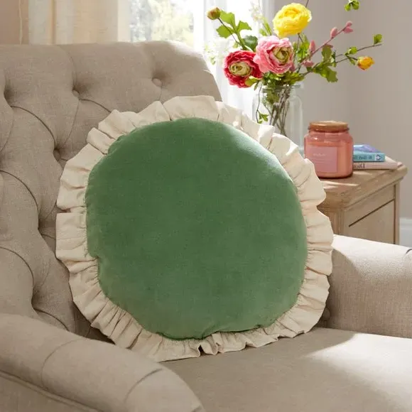 Round Cushion with Frill Edge - Green, Velvet