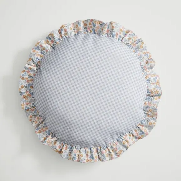 Round Cushion with Ruffle Edge - Blue, Cotton