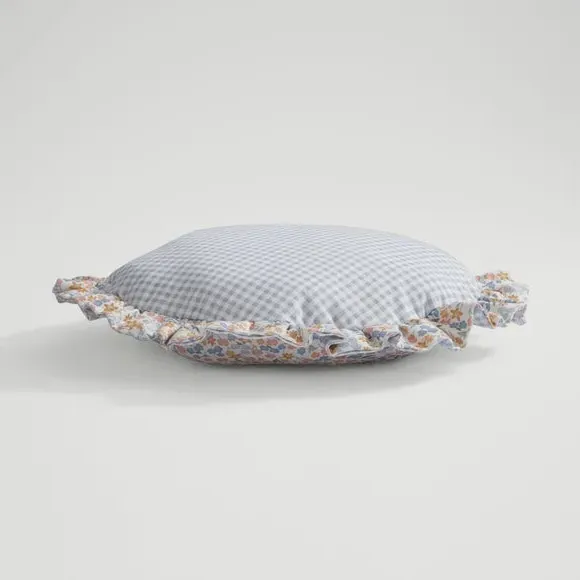 Round Cushion with Ruffle Edge - Blue, Cotton